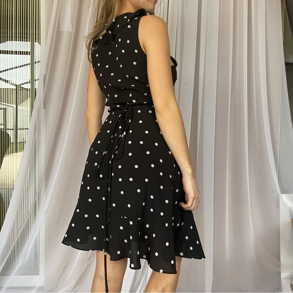 Lulus Black Polka Dots Wrap Dress ruffled neckline, sleeveless Romantic Sz M - Picture 9 of 13